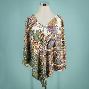 Chico's 2 3 Size Large L XL Paisley Print Faux Suede V Neck Poncho Topper